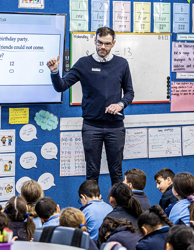 Teacher leading class at St Margaret Mary's Catholic Primary Merrylands